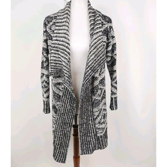 FOREVER 21 Open Drape Front White/Black Tribal Long Cardigan Sweater Womens S - Picture 1 of 4